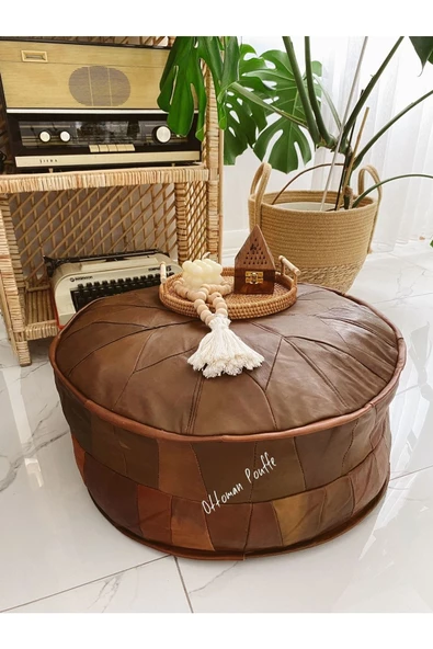 Şok Fiyat Açılışa Özel %50 Off! Art Deco El Yapımı Hakiki Deri Orijinal Bohem Ottoman Puf Minder60cm - Resim 6