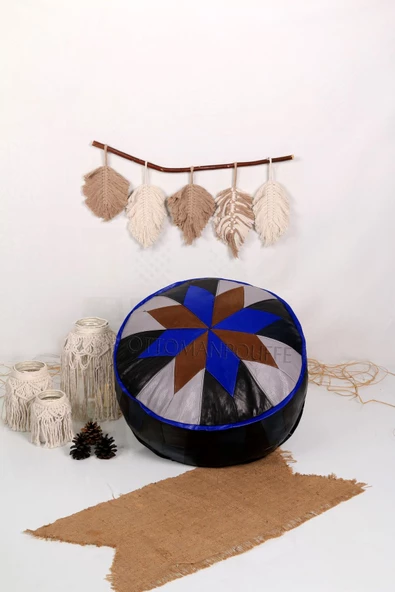 Şok Fiyat Açılışa Özel %50 Off! Art Deco El Yapımı Hakiki Deri Orijinal Bohem Ottoman Puf Minder60cm - Resim 4