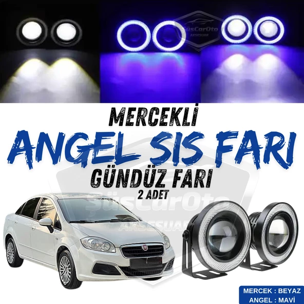 Fiat Linea 2007-2018 Uyumlu Üniversal Mercekli Angel Sis Farı Metal Su Geçirmez 76 mm Mavi Halkalı Gündüz Farı Angel Eyes 2 Adet