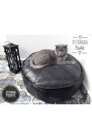 İskandinav El Yapımı Hakiki Deri Ottoman Pouf Siyah Puf Yer Minderi 60x30 Dolgulu