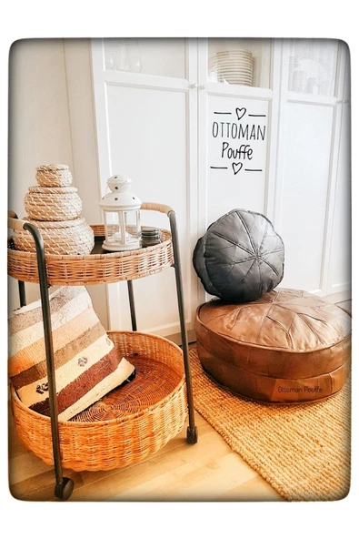 - Art Deco El Yapımı Vintage Hakiki Deri Orijinal Bohem Ottoman Puf Minder 60cm - Resim 4