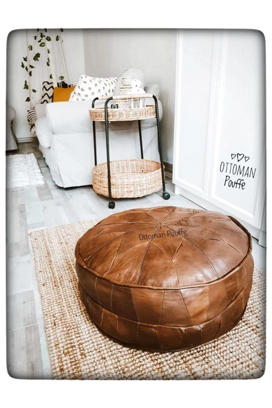 - Art Deco El Yapımı Vintage Hakiki Deri Orijinal Bohem Ottoman Puf Minder 60cm - Resim 3