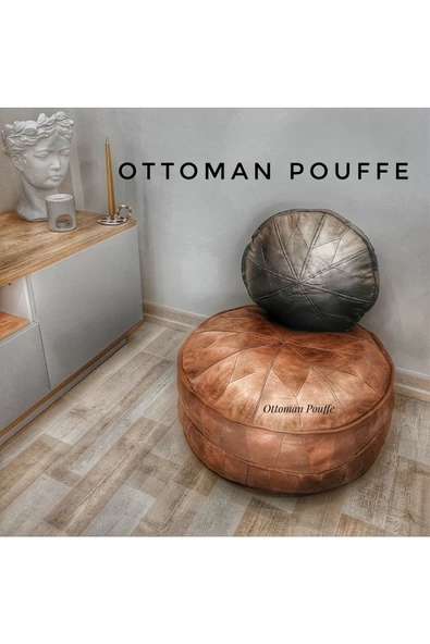 - Art Deco El Yapımı Vintage Hakiki Deri Orijinal Bohem Ottoman Puf Minder 60cm - Resim 8