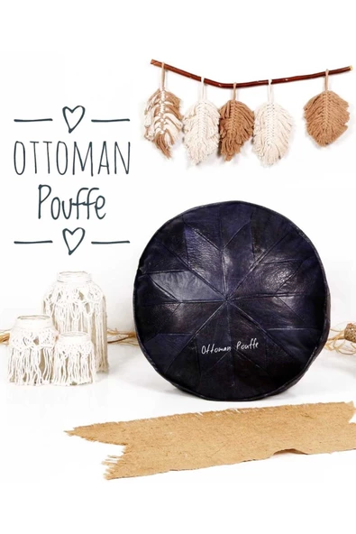 İskandinav El Yapımı Hakiki Deri Ottoman Pouf Siyah Puf Yer Minderi 60x30 Dolgulu - 5