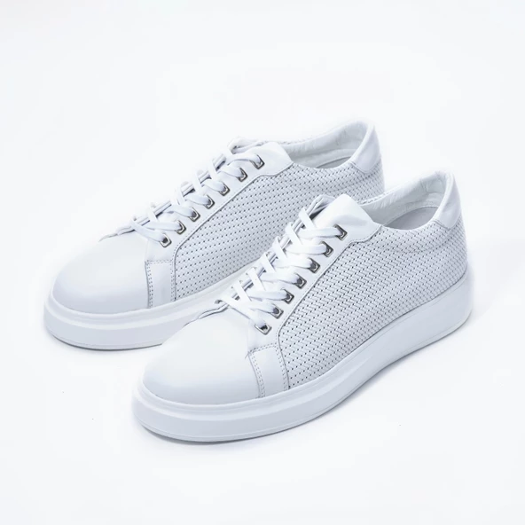 Erkek Hakiki Deri Hasır Desenli Sneaker Beyaz Spor Ayakkabı - 2