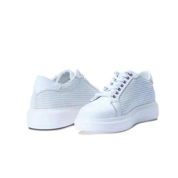Erkek Hakiki Deri Hasır Desenli Sneaker Beyaz Spor Ayakkabı - 6