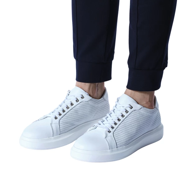 Erkek Hakiki Deri Hasır Desenli Sneaker Beyaz Spor Ayakkabı - 4