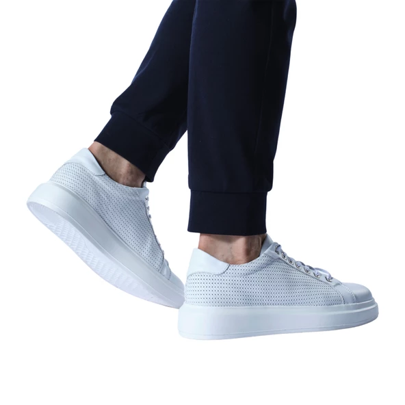 Erkek Hakiki Deri Hasır Desenli Sneaker Beyaz Spor Ayakkabı - 7