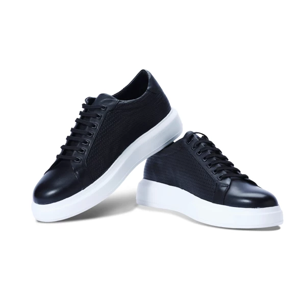 Erkek Hakiki Deri Hasır Desenli Sneaker Siyah Spor Ayakkabı - 6