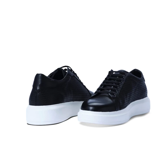 Erkek Hakiki Deri Hasır Desenli Sneaker Siyah Spor Ayakkabı - 4