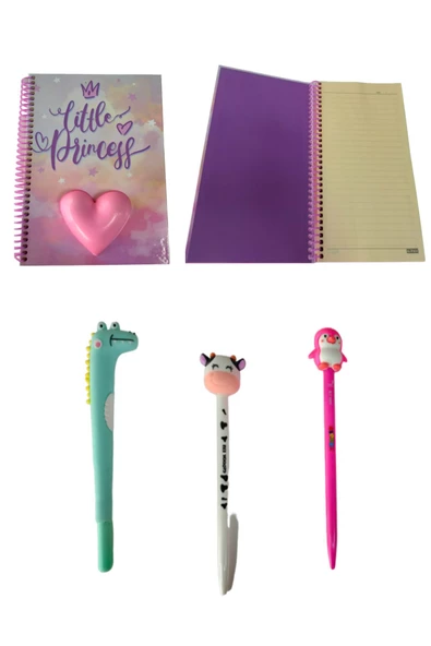Baskılı squishy defter Defter Küçük Prenses Çizgili 3'lü Kalem Seti