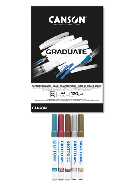 Canson Graduate A4 Siyah Blok 120 Gr 20 Yp Giotto Decor Metalik Keçeli Kalem 5 Renk