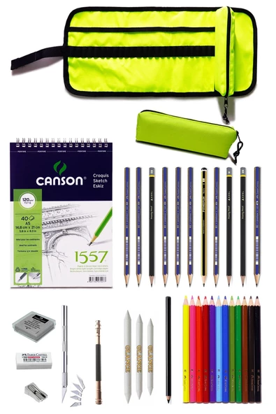 Canson Eskiz Defteri 11 Karakalem Ve Kuruboya Kalemi 23 Parça Çantalı Çizim Eskiz Seti Sarı ürün görseli 1
