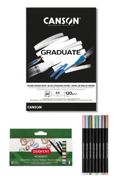 Canson Graduate A4 Siyah Blok 120 Gr 20 Yaprak Derwent 98212 Academy Metalik Marker Kalem Seti 8'li