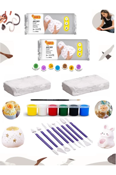 Jovi Seramik Hamuru Beyaz 2x500 Gr Dekorasyon Modelleme Alet Seti Mor 8 Parça ürün görseli 1