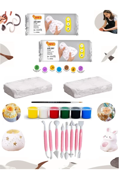 Jovi Seramik Hamuru Beyaz 2x500 Gr Dekorasyon Modelleme Alet Seti Pembe 8 Parça ürün görseli 1