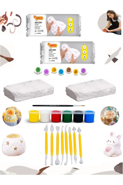 Jovi Seramik Hamuru Beyaz 2x500 Gr Dekorasyon Modelleme Alet Seti Sarı 8 Parça ürün görseli 1