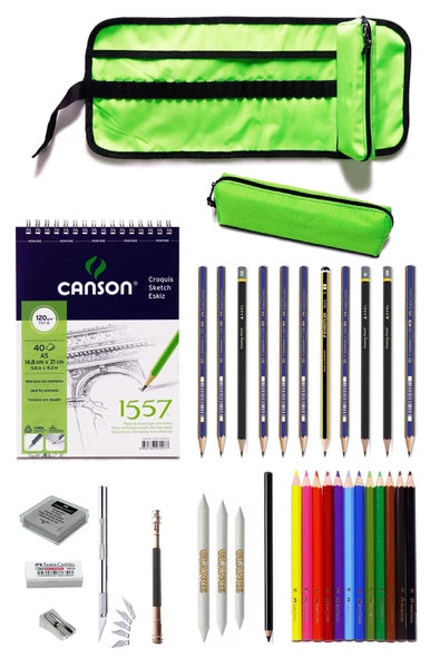 Canson Eskiz Defteri 11 Karakalem Ve Kuruboya Kalemi 23 Parça Çantalı Çizim Eskiz Seti Yeşil ürün görseli 1