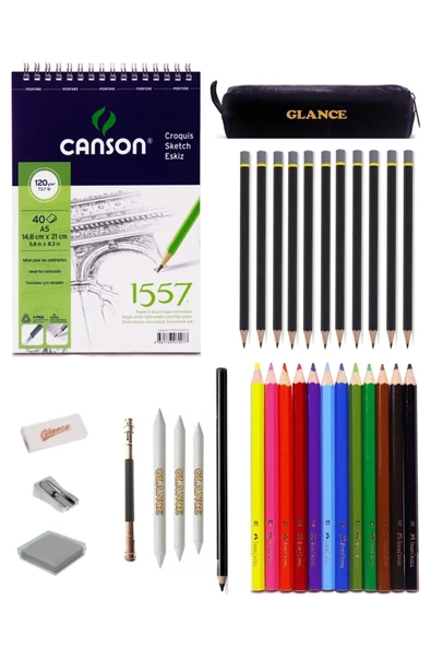 Canson 1557 A5 Eskiz Defterli Adel Karakalem Ve Faber Kuruboya Kalemi Çizim Eskiz Seti