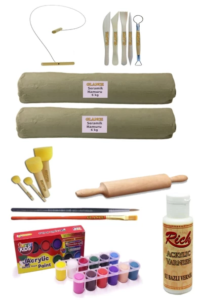 Seramik Hamuru 6x2 Kg Kil Kesme Teli Ebeşuarlı 25 Ml Akrilik 12li Vernik, Ponpon,ahşapmerdane Set ürün görseli 1