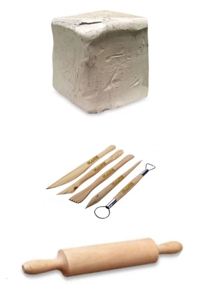 Beyaz Seramik Hamuru 6 g + Ebeşuar Seti 5'li Ahşap + Merdane Set ürün görseli 1