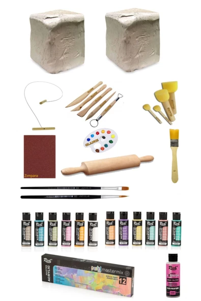 Seramik Hamuru 6x2 Kg Kil Kesme Teli Ebeşuarlırich 60ccakrilik 12li Pastelvernik,ahşap.merdane Set ürün görseli 1