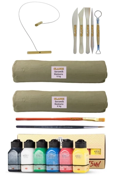 Beyaz Seramik Hamuru 6x2 kg Kil Kesme Teli 5'li Ebeşuar Artdeco Akrilik Boya 6x75 ml Canlı Renkler ürün görseli 1