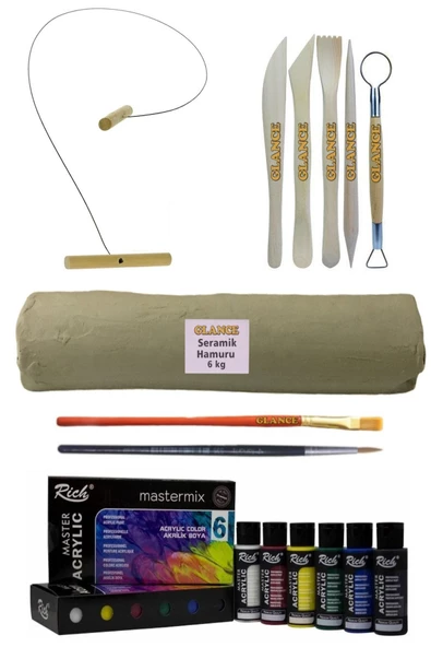 Beyaz Seramik Hamuru 6 Kg Kil Kesme Teli 5'li Ebeşuar Rich Master-mix Akrilik Ser 6lı 60 Cc