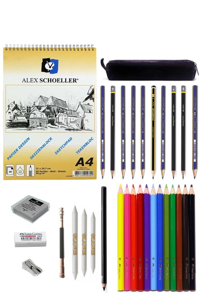 Alex 820 A4 Eskiz Defterli Faber Karakalem Ve Kuruboya Kalemi Çizim Eskiz Seti Kömür Kalem ürün görseli 1