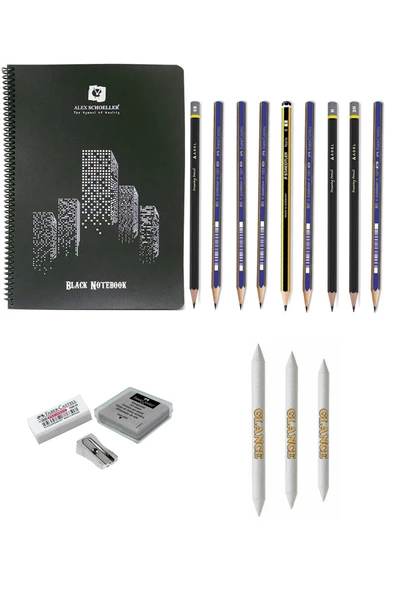 Alex Schoeller 1944 A4 Eskiz Defterli Karakalem Çizim Seti Kalemtıraş, Silgi Eskiz Seti ürün görseli
