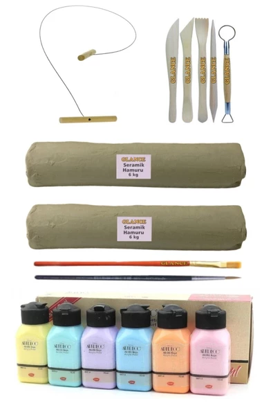 Beyaz Seramik Hamuru 6x2 Kg Kil Kesme Teli 5'li Ebeşuar Artdeco Akrilik Boya 6x75 ml Pastel Renkler ürün görseli 1