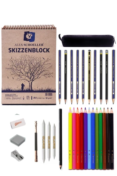 Alex 1022 A4 Eskiz Defterli Faber Karakalem Ve Kuruboya Kalemi Çizim Eskiz Seti Kömür Kalem ürün görseli 1