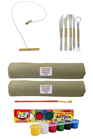 Beyaz Seramik Hamuru 6 Kg X2'li Kil Kesme Teli 5'li Ebeşuarlı 15 ml Akrilik 6 Lı Set