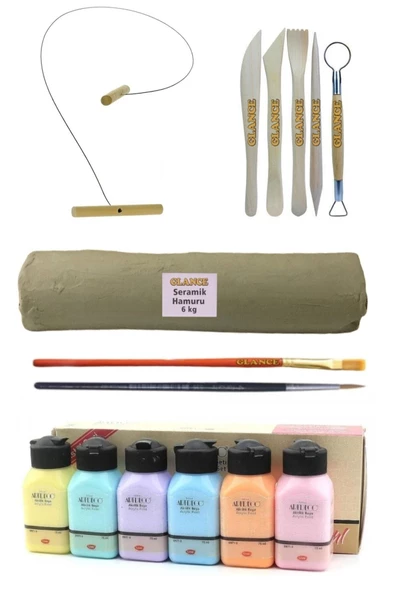 Beyaz Seramik Hamuru 6 Kg +Kil Kesme Teli 5'li + Pastel Renkler Ebeşuar Artdeco Akrilik Boya 6x75 Ml ürün görseli