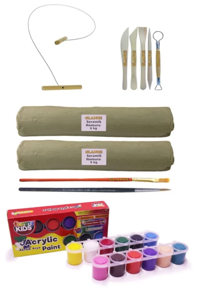 Beyaz Seramik Hamuru 6x2 Kg Kil Kesme Teli 5'li Ebeşuar Rich Funny Kids 25 Ml Akrilik 12 Li Set - 1