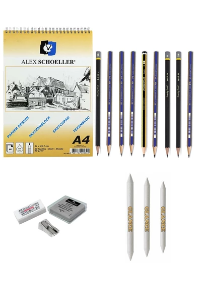 Alex Schoeller 820 A4 Eskiz Defterli 9 Karakalem Çizim Seti Kalemtıraş, Silgi Eskiz Seti