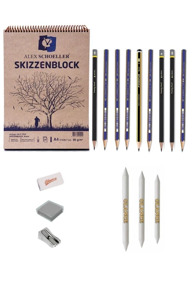 Faber Dereceli Alex 1022 A4 Eskiz Defterli Karakalem Çizim Seti Kalemtıraş, Silgi Eskiz Seti