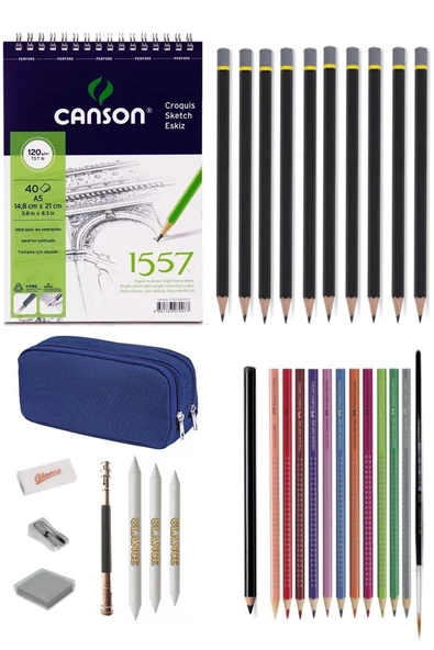 Canson 1557 Eskiz Defterli Karakalem Ve Derwent Watercolor Kuruboya Kalemi Çizim Eskiz Seti ürün görseli 1