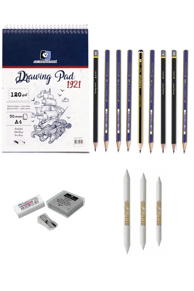 Alex 0557 A4 Eskiz Defterli 9 Karakalem Çizim Seti Pastel Dağıtma, Kalemtıraş, Silgi Eskiz Seti - 1
