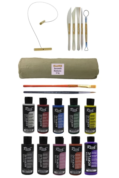 Beyaz Seramik Hamuru 6 Kg Kil Kesme Teli 5'li Ebeşuar Rich 10x120 Cc Akrilik Boya ürün görseli 1