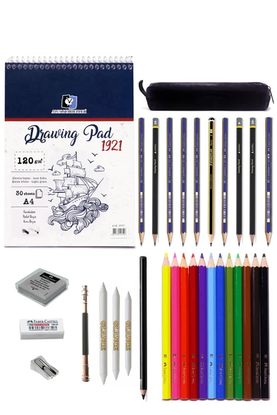 Alex 0557 A4 Eskiz Defterli Faber Karakalem Ve Kuruboya Kalemi Çizim Eskiz Seti Kömür Kalem ürün görseli 1