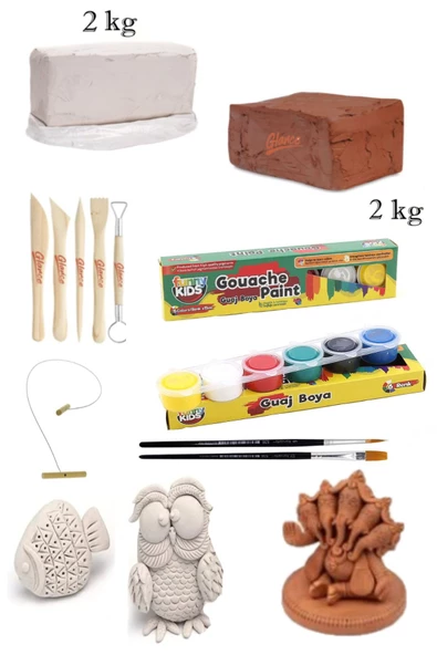 Doğal Kırmızı Kil Seramik Çamuru 2 kg Vakumlu Seramik Çamuru Beyaz 2 Guaj Boya 6'lI Set 15 CC Set ürün görseli 1