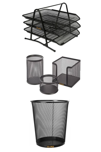 3'lü Metal Siyah Evrak Rafı Ataşlık Küpnotluk Kalemlik -çöp Kovası Perfore Ofis Seti ürün görseli 1