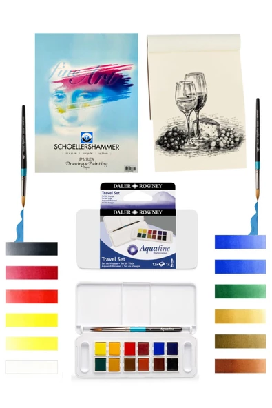 Schoellershammer 25x35 15 Sayfa 200 gr Daler Rowney Aquafine Travel Set 12 Renk Sulu Boya Set ürün görseli 1