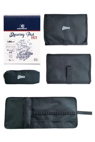 Alex Schoeller 120 Gr. A5 50 Yaprak Çizim Defteri Cepli Siyah Kalemlik 24 bölmeli + Kalem Kutusu ürün görseli 1