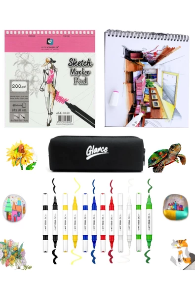 Alex Schoeller Sketch Marker Defteri 200gr 15x15cm 40yp Spiralli Akrilik Canlı Renkler 6'lı Set ürün görseli 1