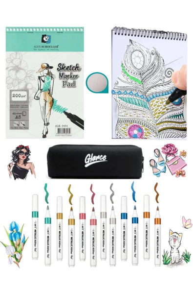 Alex Marker Eskiz Defteri 200gr A5 40yp Akrilik Metalik Renkler 6'lı Set ürün görseli 1