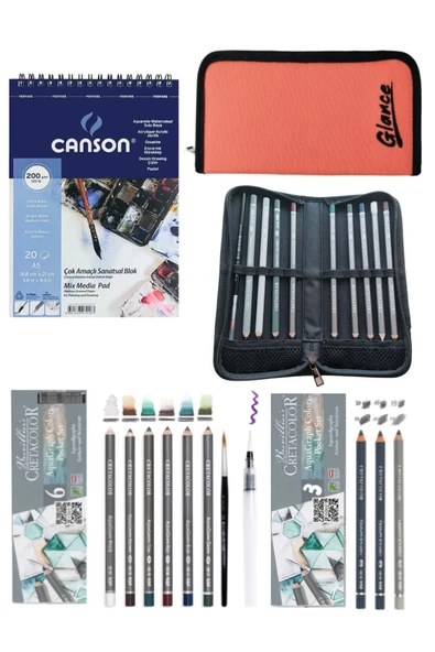 Canson A5 200 gr 20 Sayfa Taşıma Çantası Cretacolor 6'+3  Aquarell Sulandırılabilir Dereceli Kalem ürün görseli 1