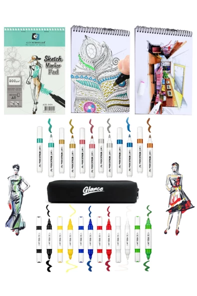 Alex Marker Eskiz Defteri 200gr A5 40yp Akrilik Metalik Marker 6 Metalik 6 Canlı Renkler 12'li Set ürün görseli 1