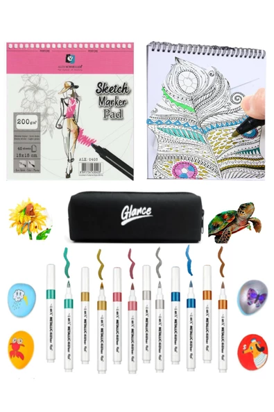 Alex Schoeller Sketch Marker Defteri 200gr 15x15cm 40yp Spiralli Akrilik Metalik Renkler 6'lı Set ürün görseli 1